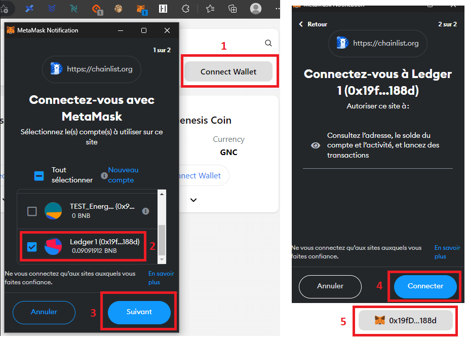 Indications pour connecter Metamask à Chainlist