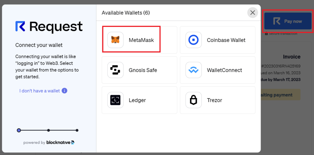 Connexion de Request à Metamask