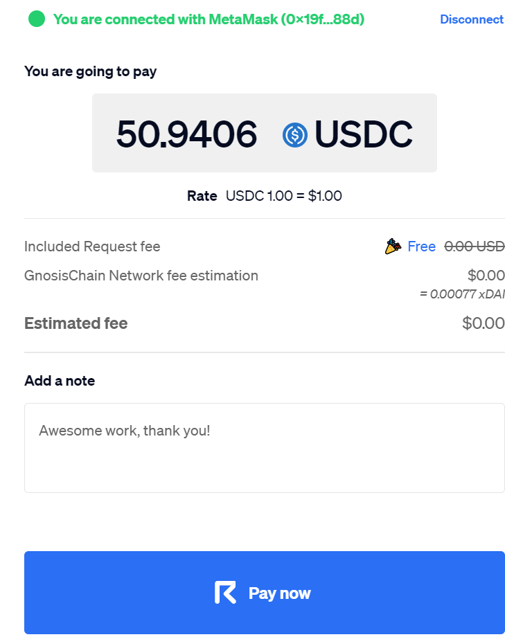 Récapitulatif règlement en USDC