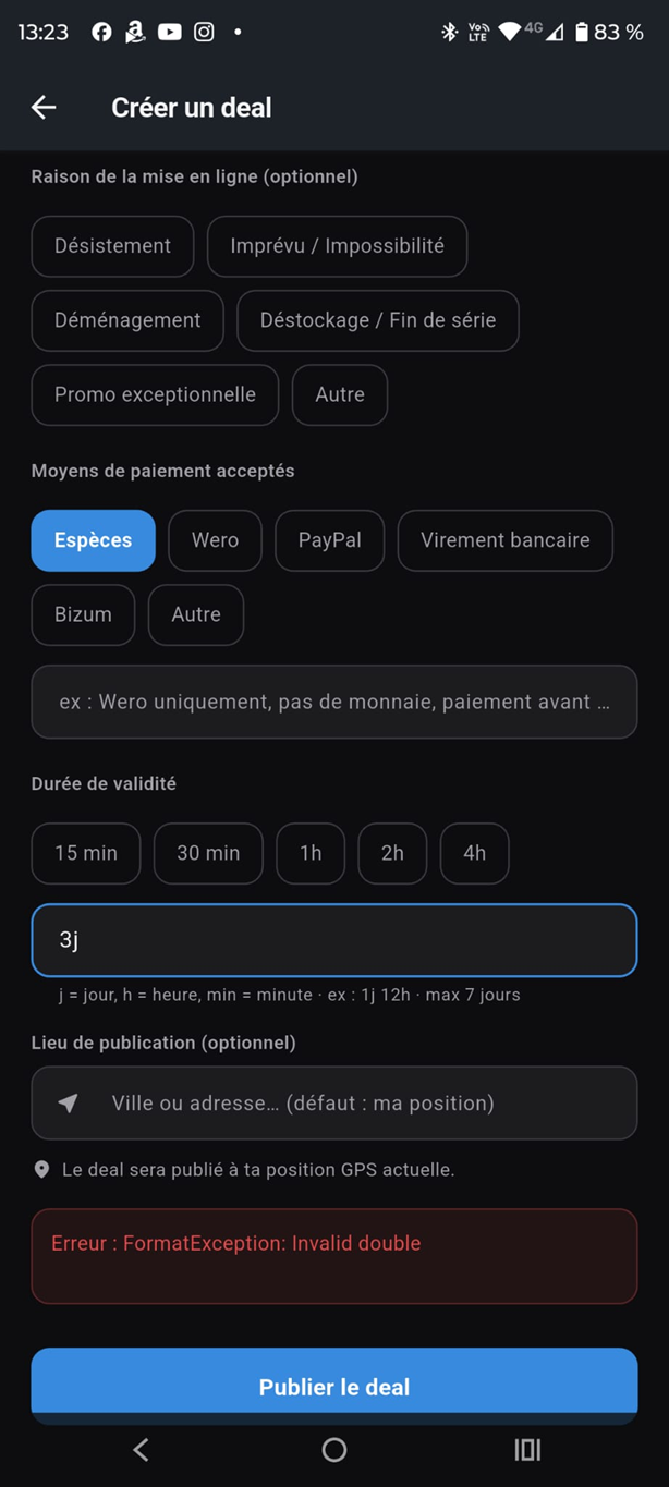 Erreur FormatException dans le formulaire de création de deal
