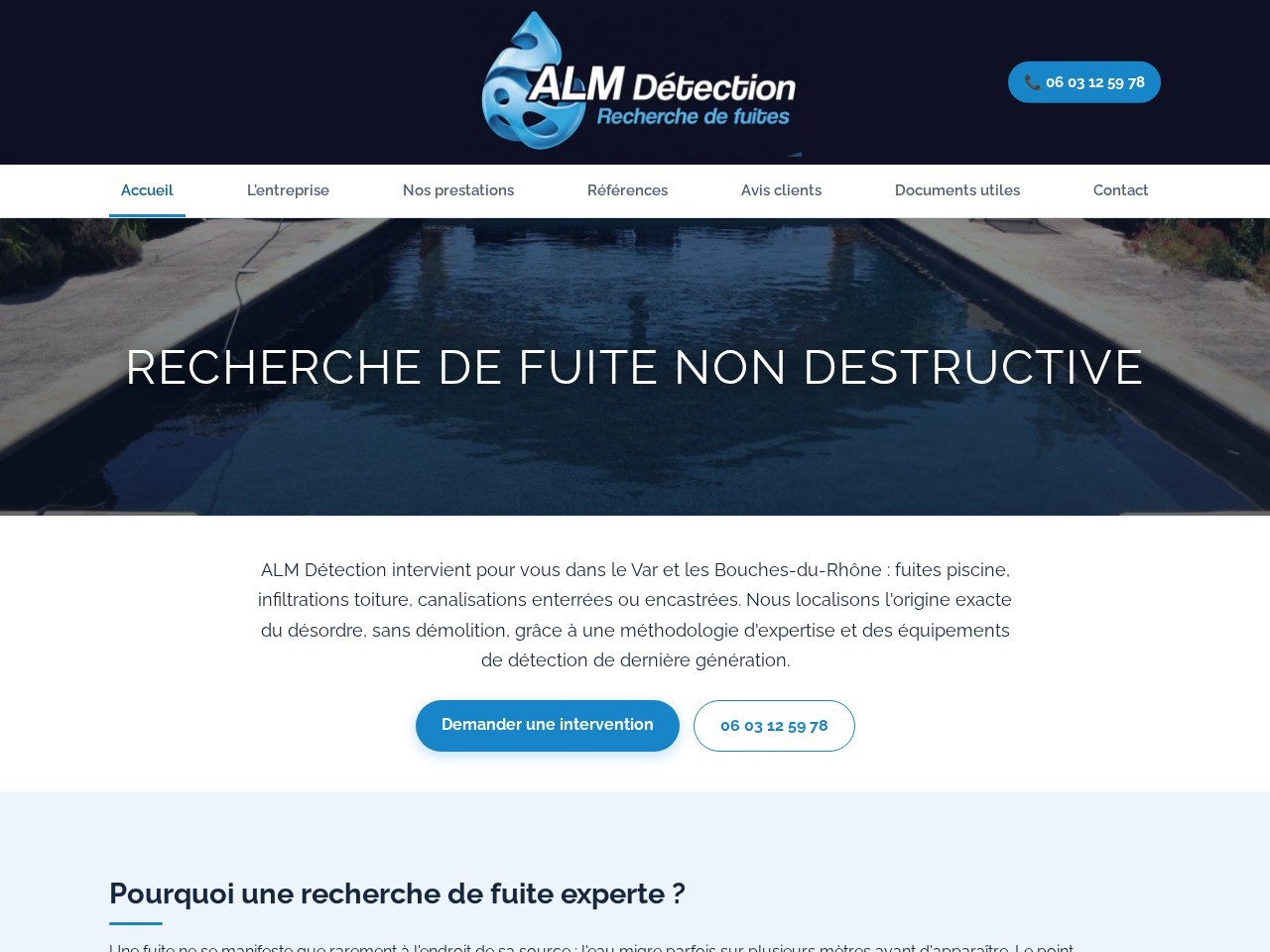 Page d'accueil du site almdetection.fr, recherche de fuite d'eau non destructive