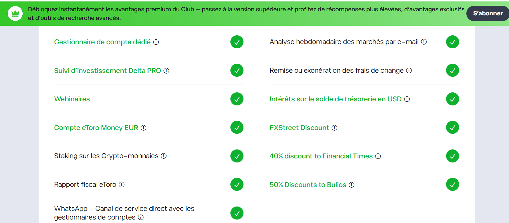 Liste des avantages du Club eToro : gestionnaire de compte, rapport fiscal, webinaires, remises