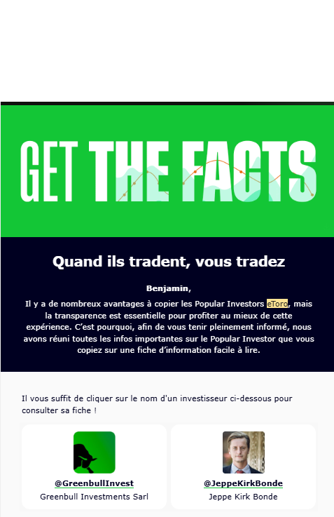 E-mail eToro « Get the facts » présentant les fiches d'information des investisseurs copiés