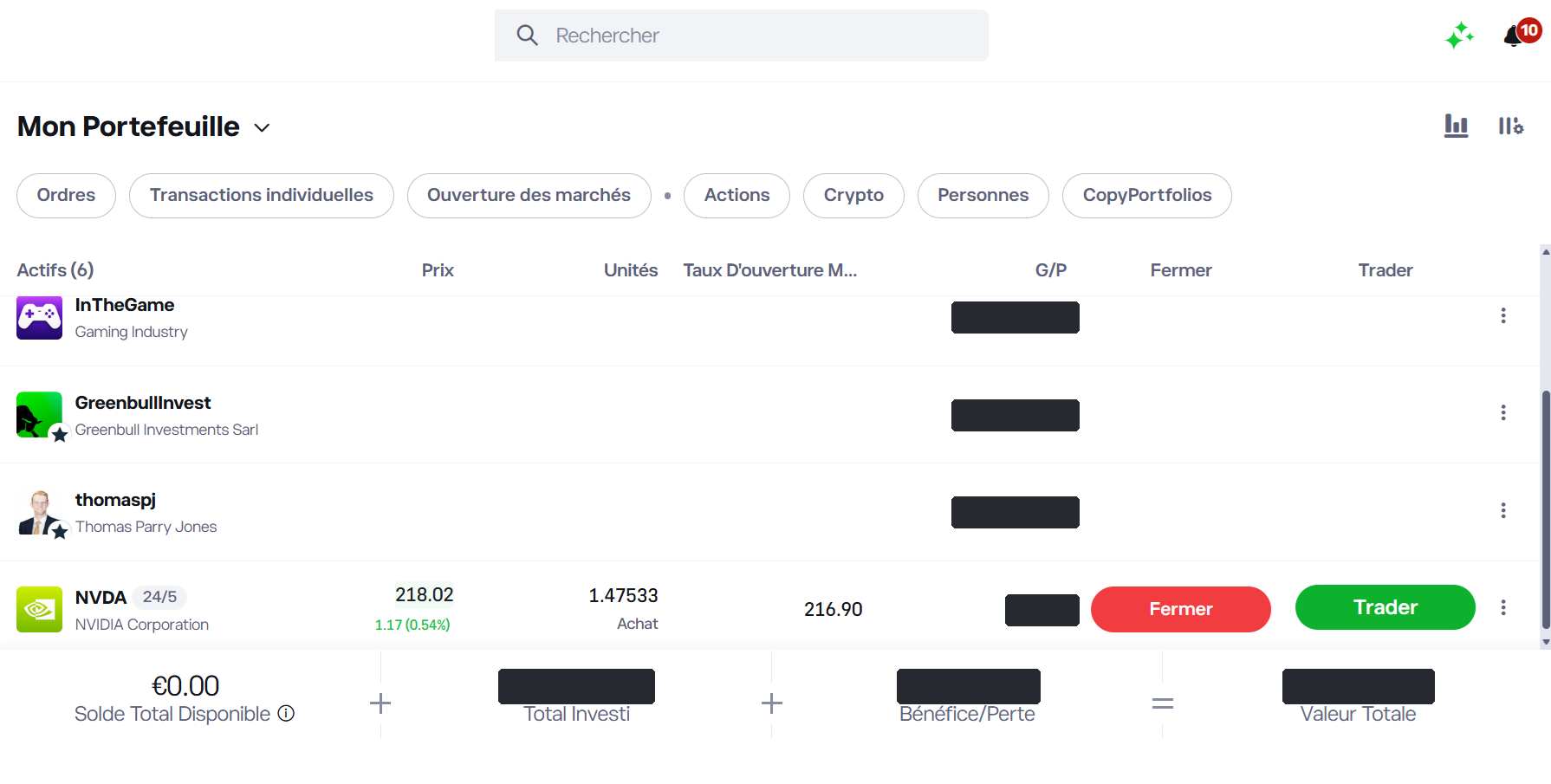 Portefeuille eToro mêlant CopyPortfolio, traders copiés et actions en direct