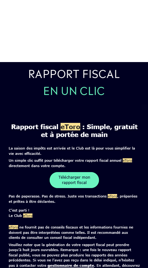Rapport fiscal eToro téléchargeable en un clic depuis l'espace Club