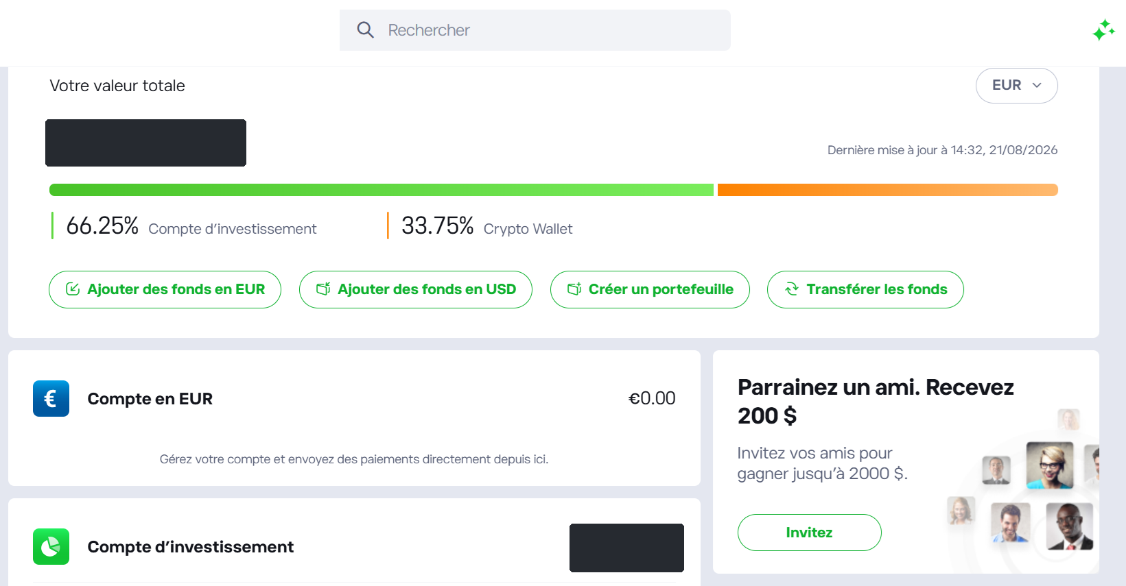 Tableau de bord eToro : répartition entre compte d'investissement et Crypto Wallet