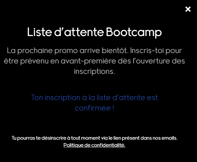 Confirmation d'inscription à la liste d'attente du bootcamp Qui veut être mon associé