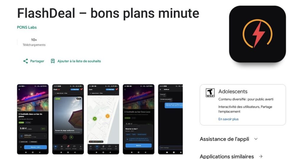 Fiche Google Play de l'application FlashDeal, créée en vibe coding avec une IA